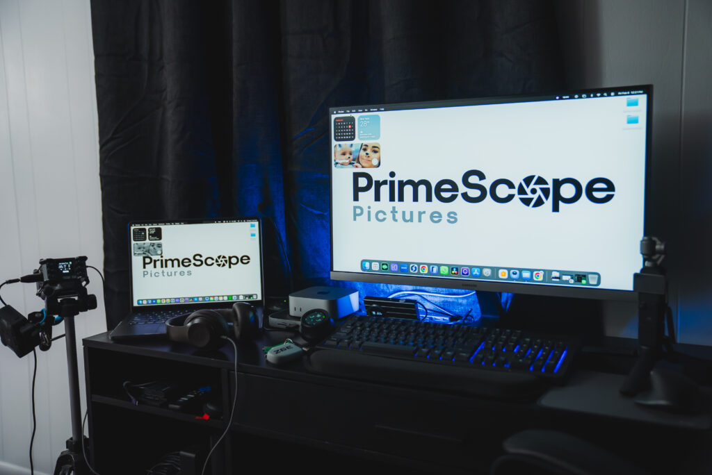 Modern photography studio with professional lighting, backdrops, cameras, and equipment arranged for a shoot.